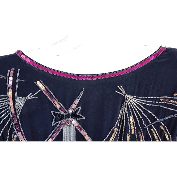 VTG 70s Argenti 100% Pure Silk Black Pink Sequin Beaded Bows Blouse S Hong Kong - Picture 6 of 10